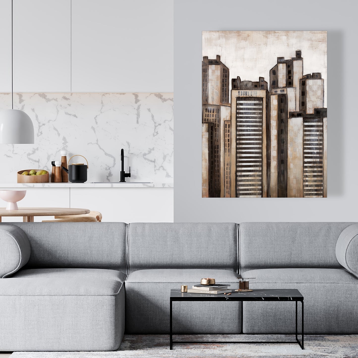Toile moderne marron « Villes » | Décoration d'intérieur à rayures et gratte-ciels