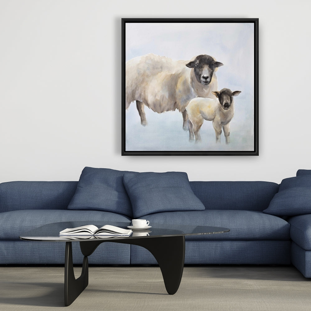 Toile Mouton et bébé | Art animalier de la ferme bleue | Décoration d'intérieur