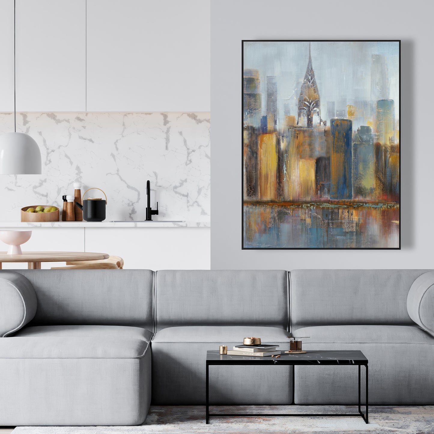 Paysage urbain avec le Chrysler Building | Toile décorative encadrée bleue