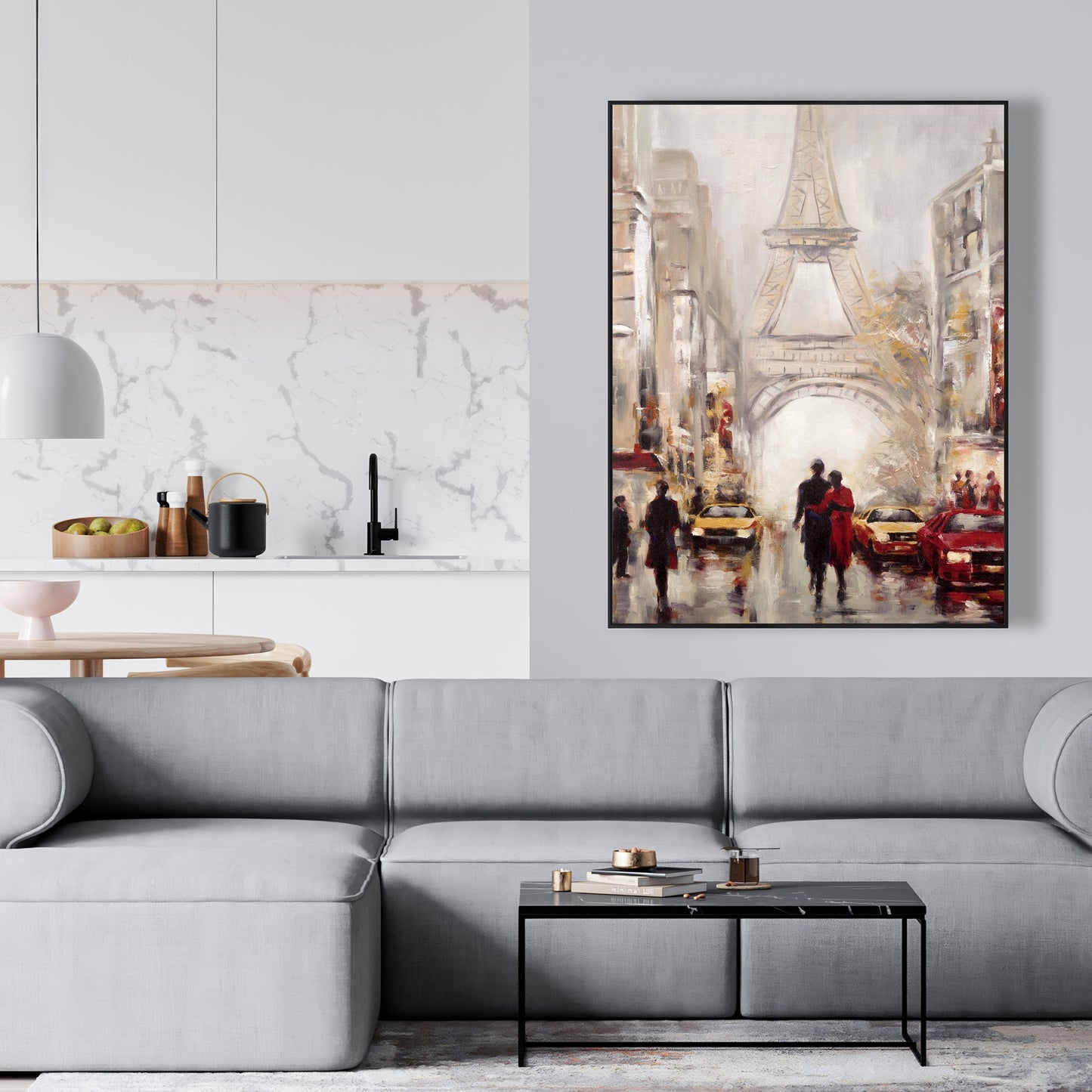 Toile « Rue animée de Paris » | Décoration d'intérieur avec cadre rouge