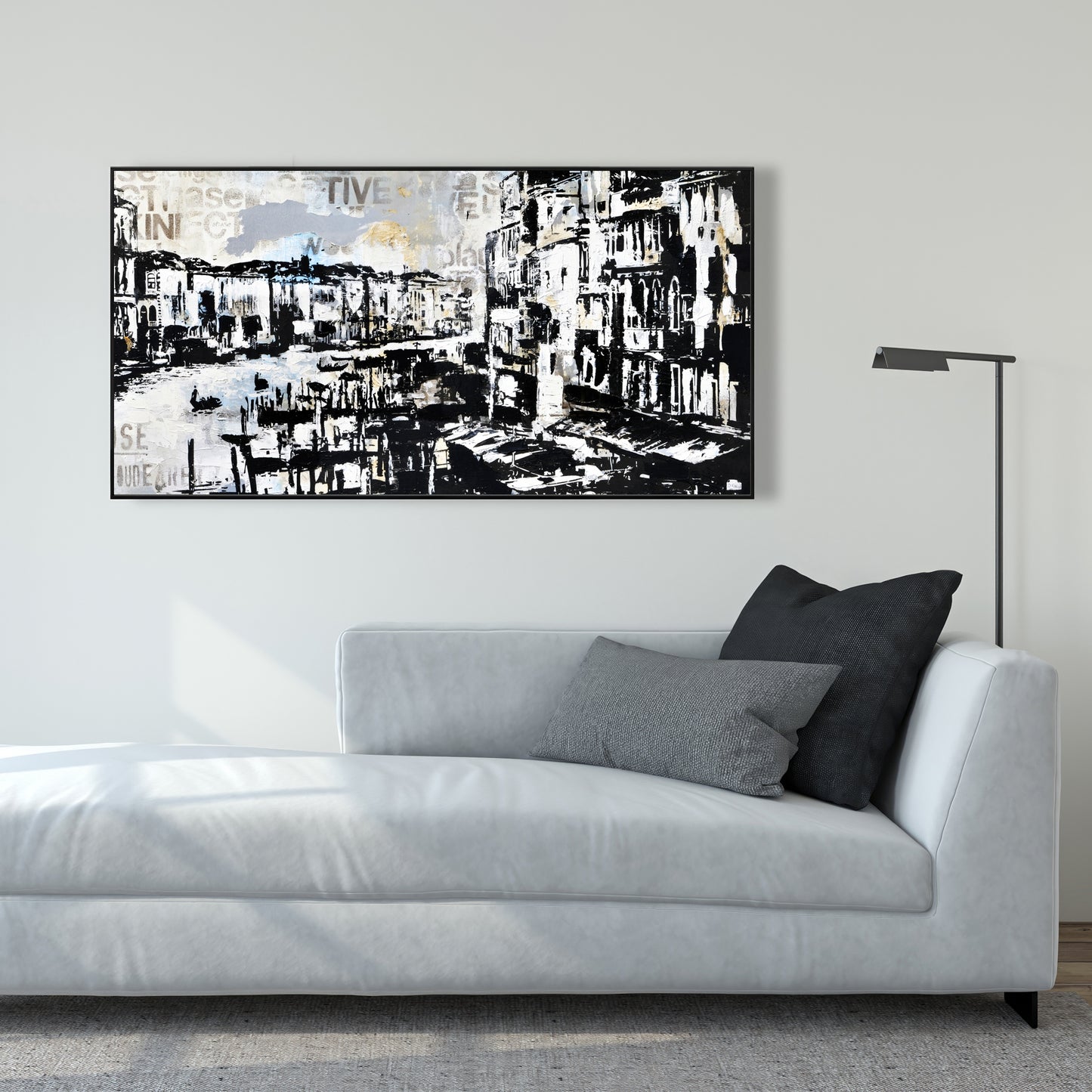 Décoration de chambre côtière | Toile abstraite bleue représentant le port de Venise