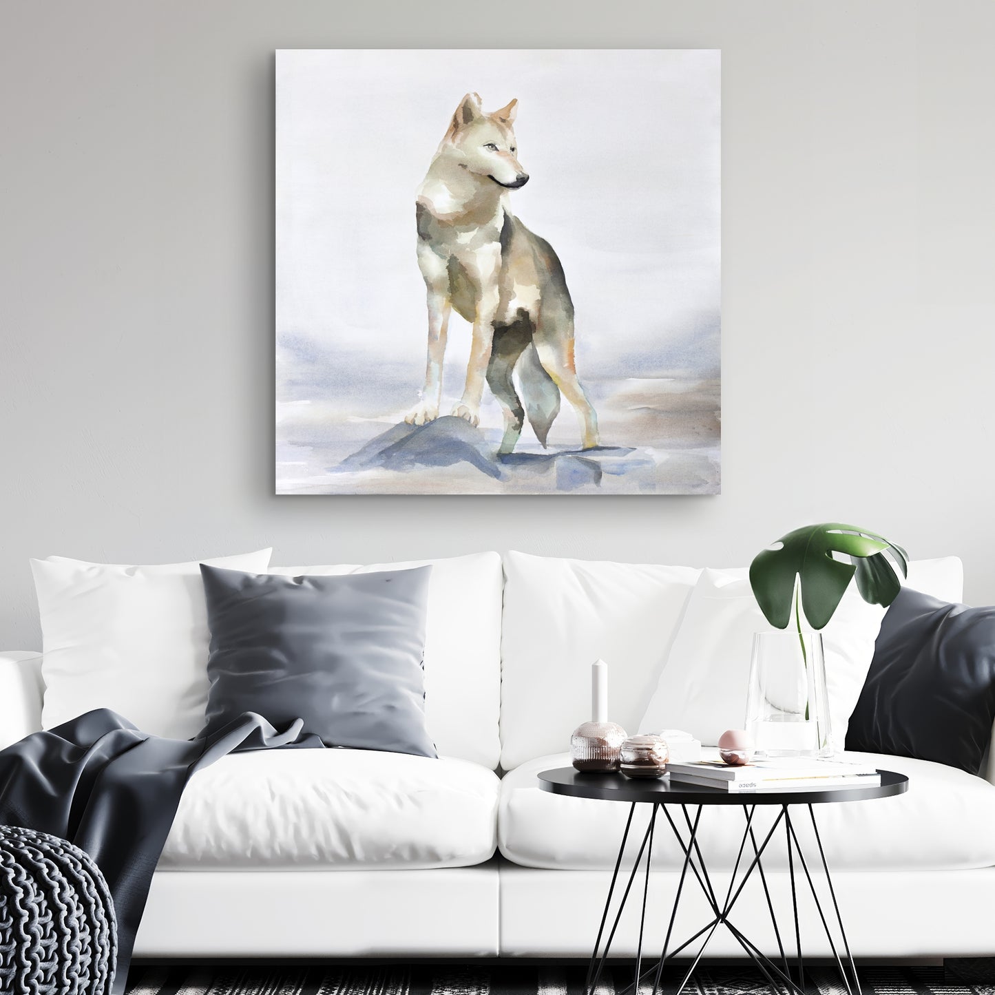 Toile représentant un loup – Décoration d'intérieur avec des animaux bleus et des montagnes