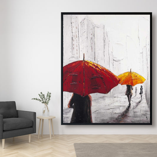 Toile encadrée grise contemporaine pour chambre à coucher – Passants avec parapluies