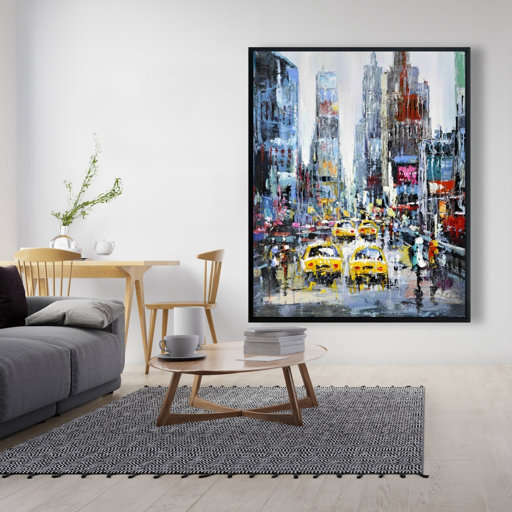Scène urbaine avec taxis jaunes - Toile décorative encadrée bleue