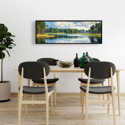 Toile encadrée représentant des arbres bleus sur un lac de golf | Décoration d'intérieur