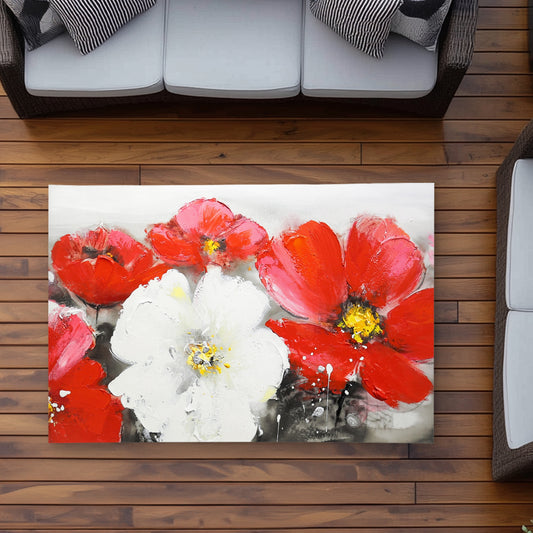 Red Floral Outdoor Area Rug - Red and White Flowers Field