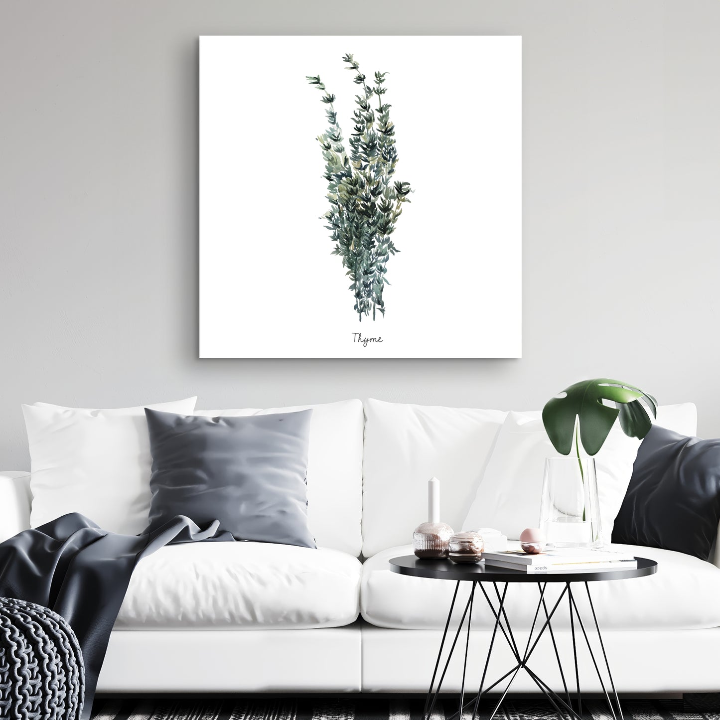 Toile « Feuilles de thym » | Décoration murale de cuisine blanche