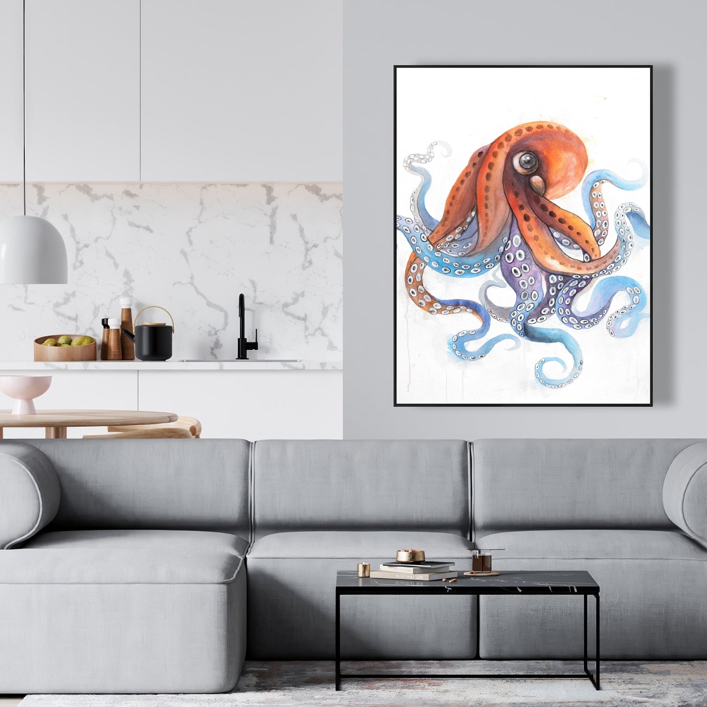 Toile encadrée représentant une pieuvre colorée et amusante – Décoration d'intérieur aquatique bleue