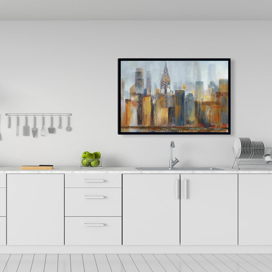 Paysage urbain avec le Chrysler Building | Toile décorative encadrée bleue