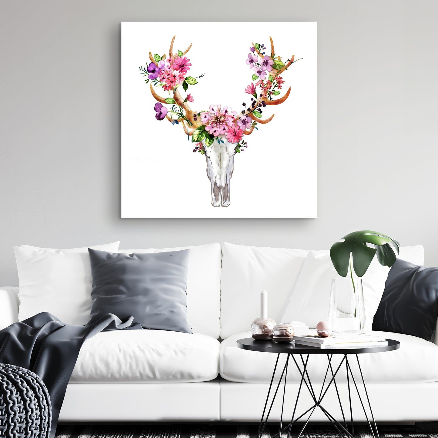 Rustic Deer Skull with Flowers | White Canvas Wall Art Decor