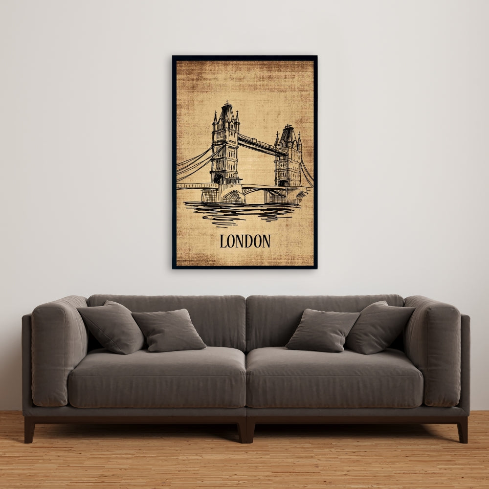 Tower Bridge Illustration | Brown Framed Canvas Home Decor