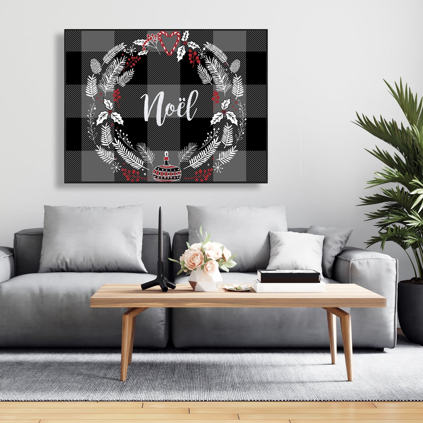 Couronne de Noël sur toile | Décoration de cuisine grise pour la maison