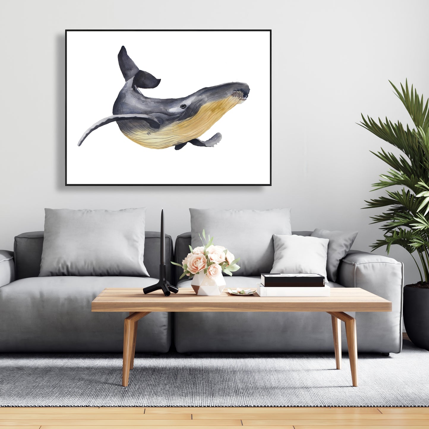 Watercolor Blue Whale Framed Canvas | Aquatic Bedroom Decor
