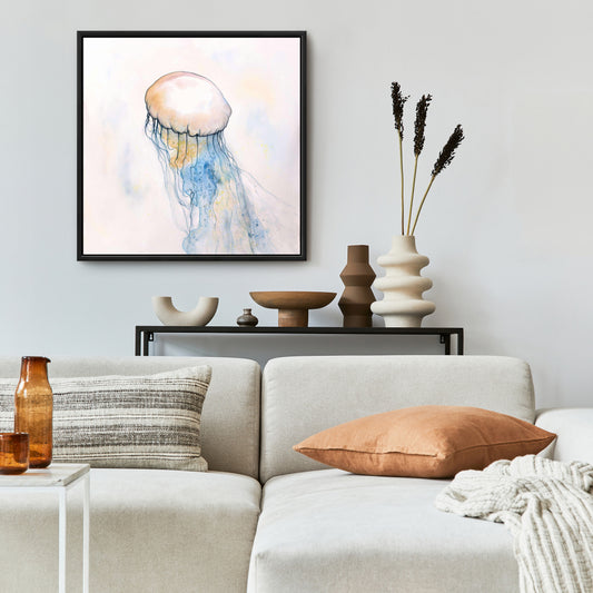 Watercolor Jellyfish Canvas - Blue Framed Aquatic Decor