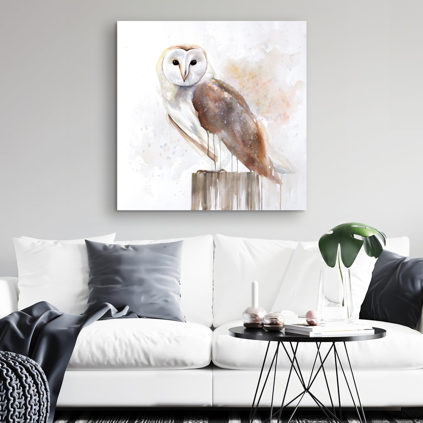 Toile rustique représentant une chouette effraie | Décoration murale