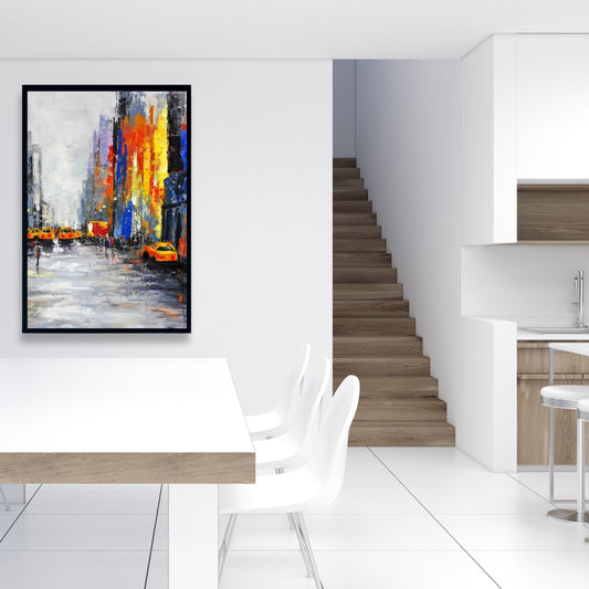 Blue Building Bedroom Canvas | Color Spotted Street with Taxis