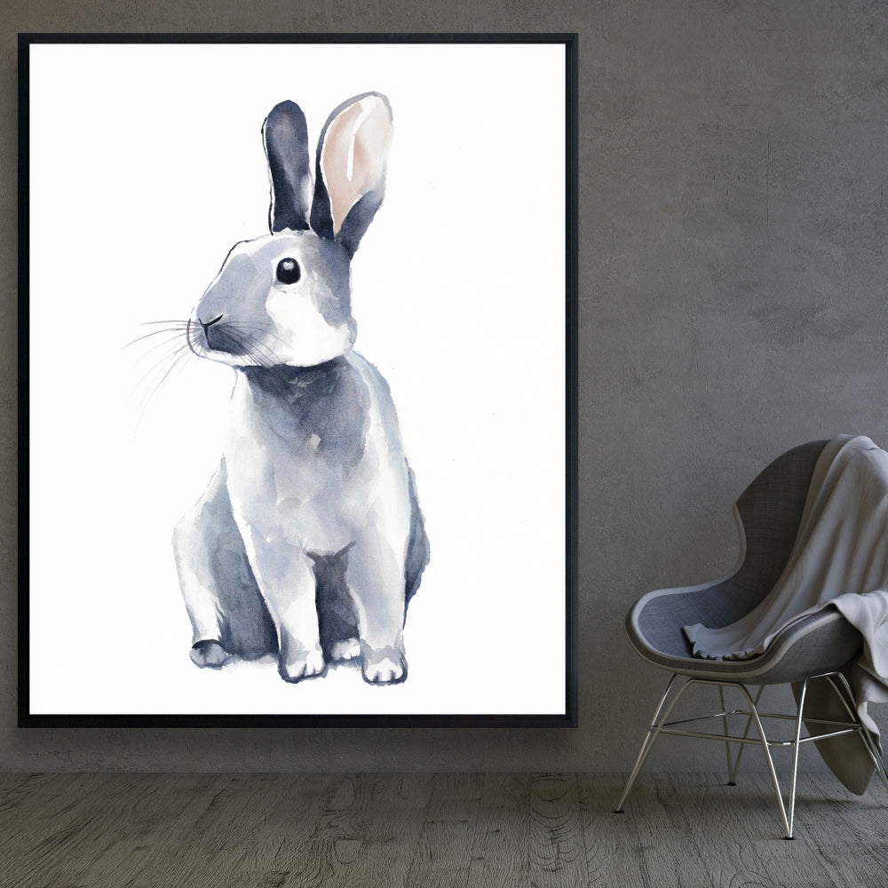 Toile encadrée « Lapin curieux gris » | Décoration de chambre scandinave