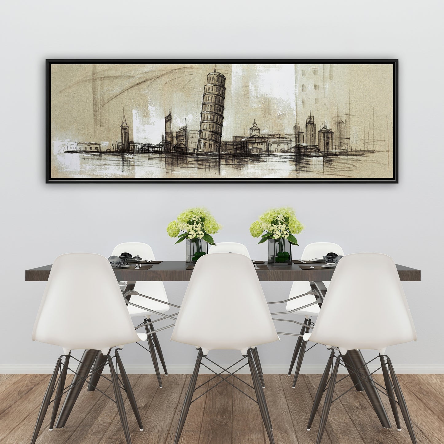 Toile encadrée beige « Chambres et villes » - Décor de croquis de la tour Pise