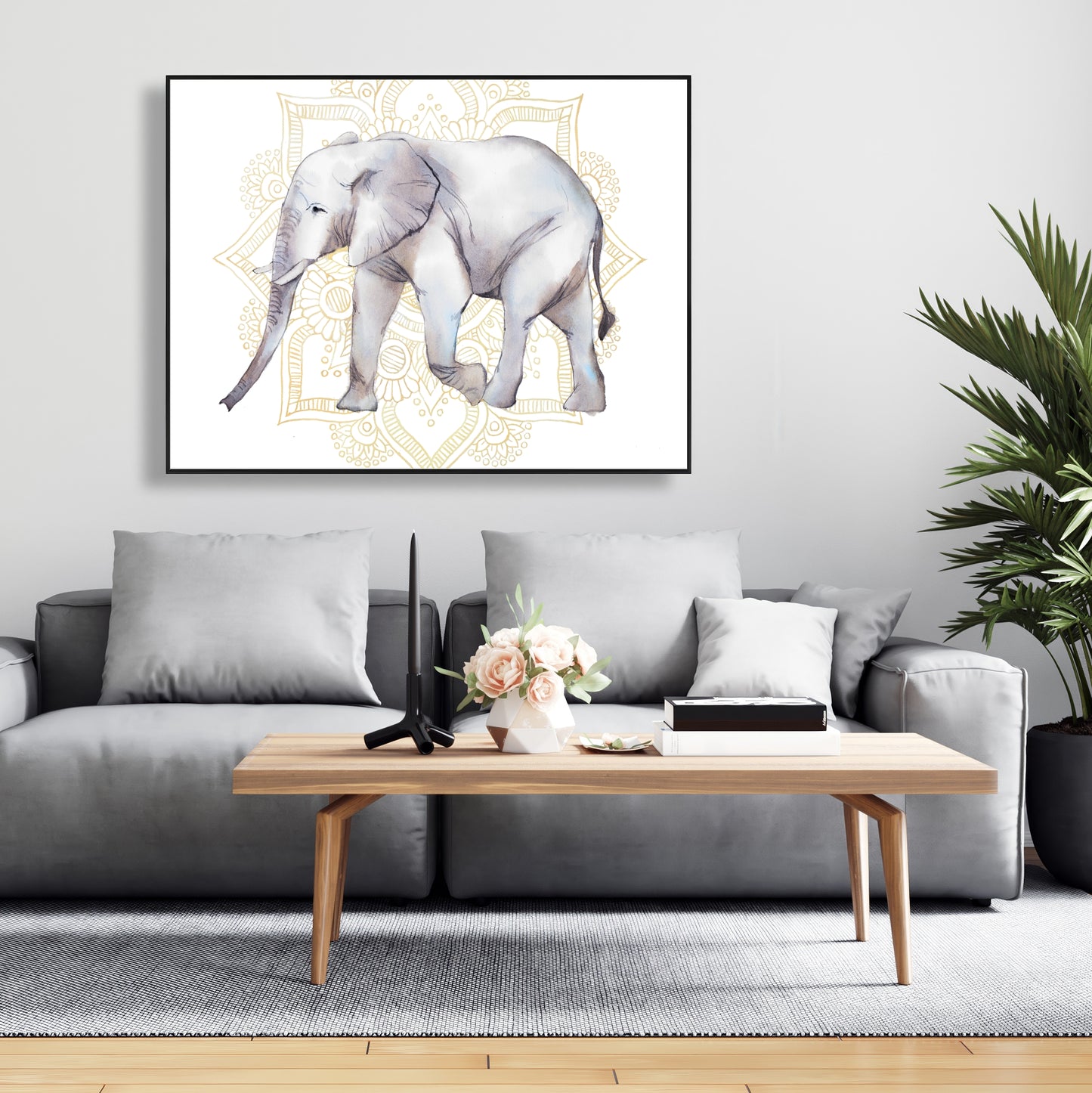 Gray Bedroom Elephant Canvas - Elephant on Mandalas Decor