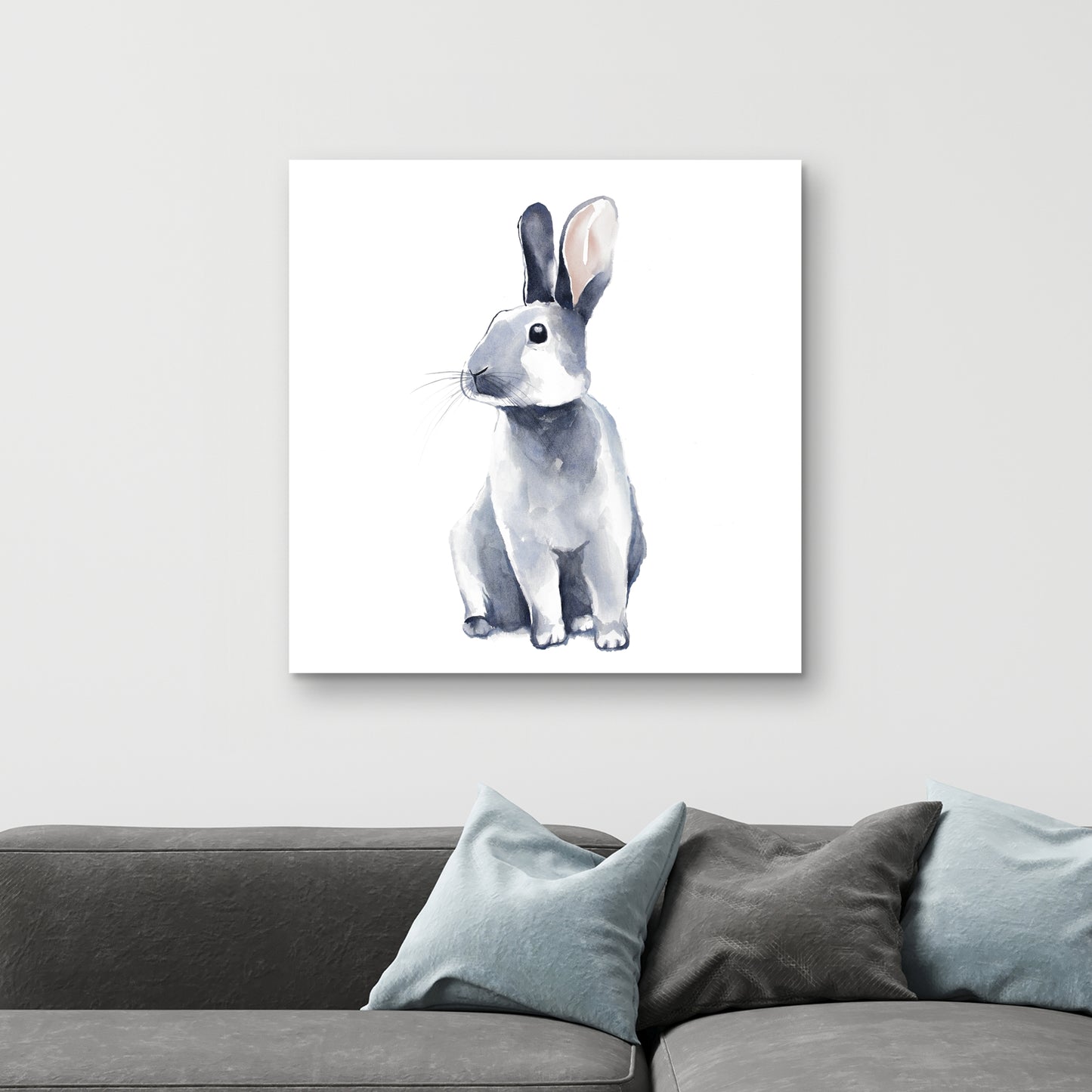 Toile Lapin gris curieux | Décoration animalière scandinave