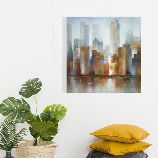 Paysage urbain dans le brouillard sur toile bleue | Décoration d'intérieur moderne