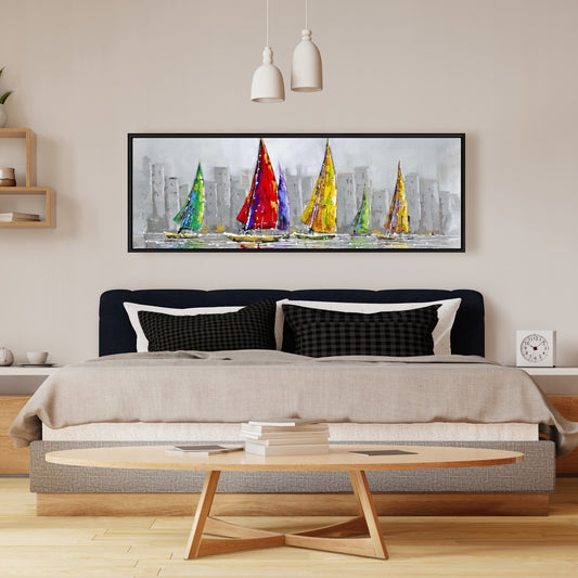 Sailboats in the Wind | Gray Framed Canvas | Home Decor Art