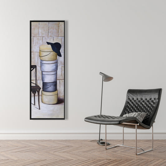 Décoration de chambre contemporaine : boîtes à chapeaux sur toile encadrée