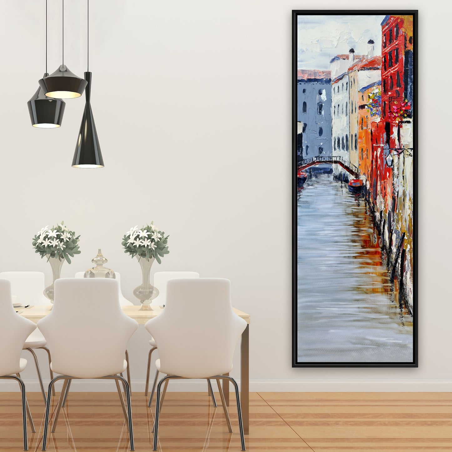 Toile encadrée représentant le Grand Canal de Venise, une chambre à coucher, un bateau et des villes