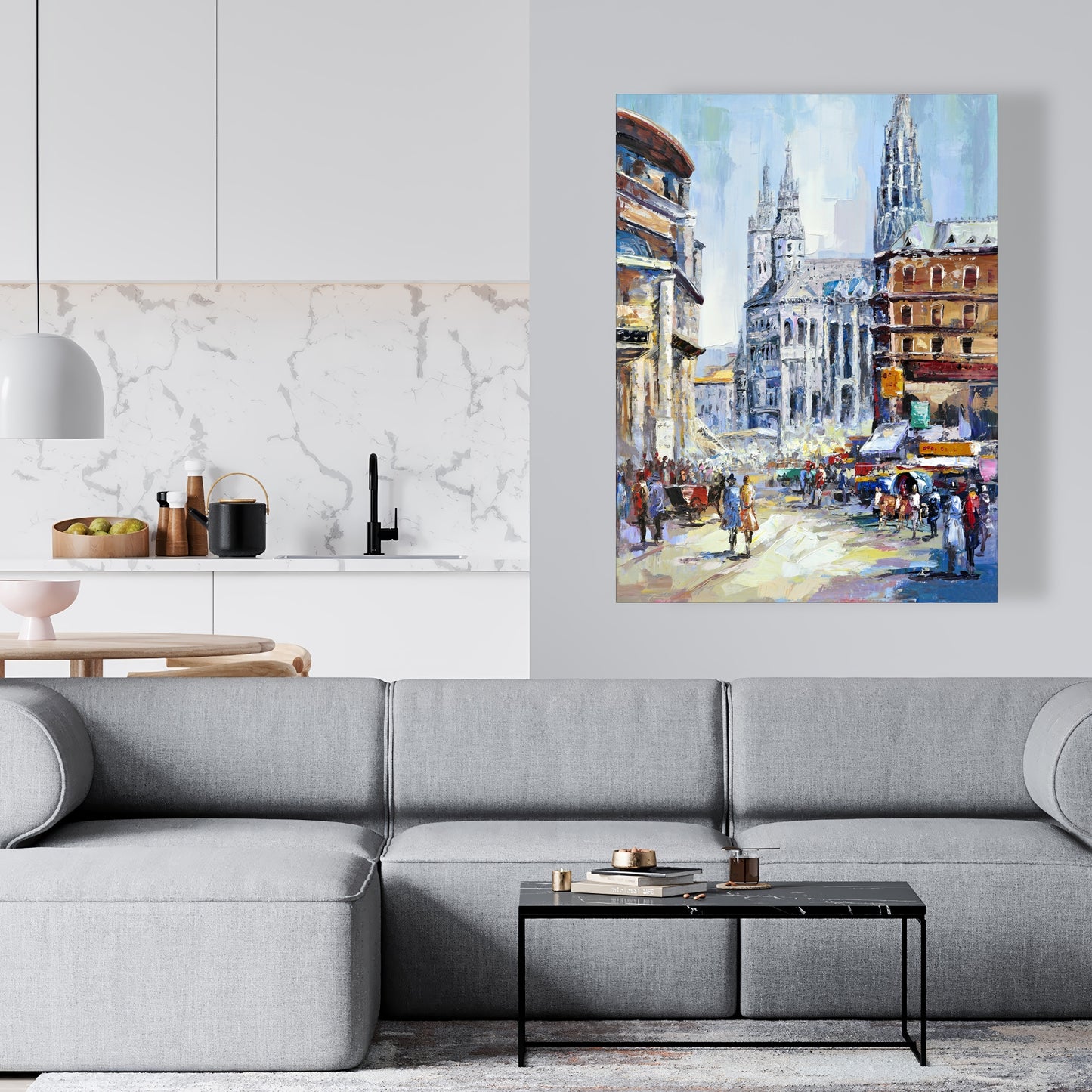 Contemporary Building Blue Canvas - Busy Street Wall Art Decor