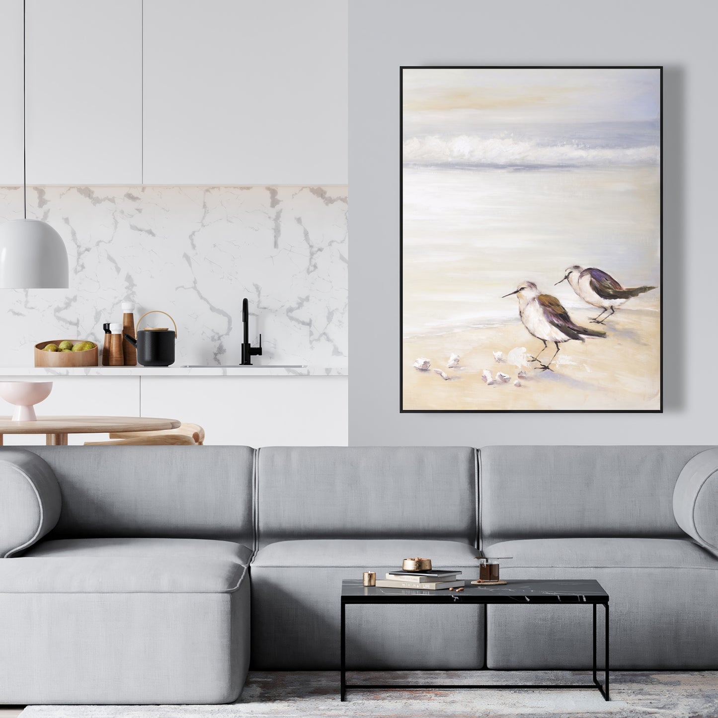 Deux bécasseaux sur la plage | Toile encadrée grise marine