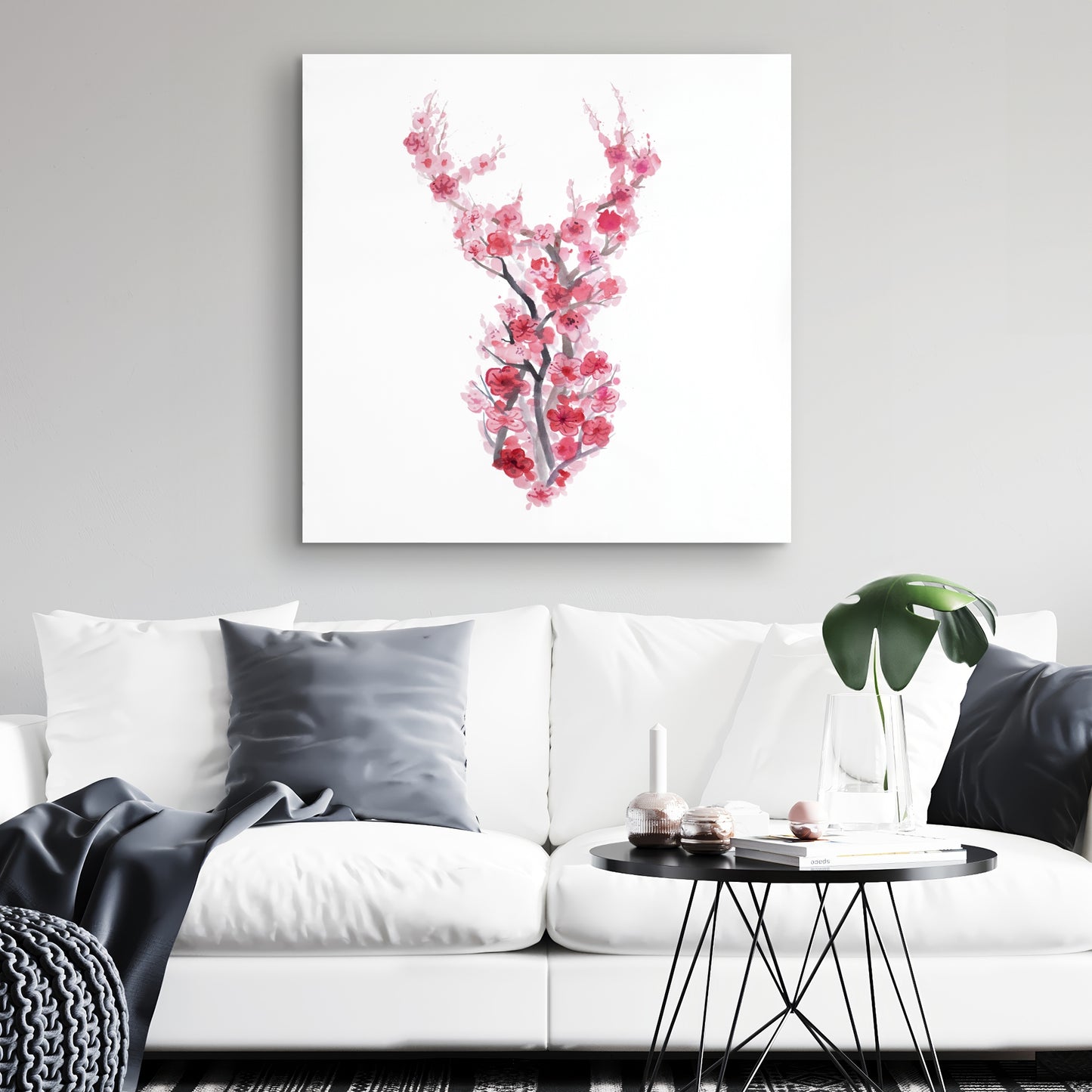 Toile de cerf rose asiatique – Décoration murale avec cerf et cerisiers en fleurs