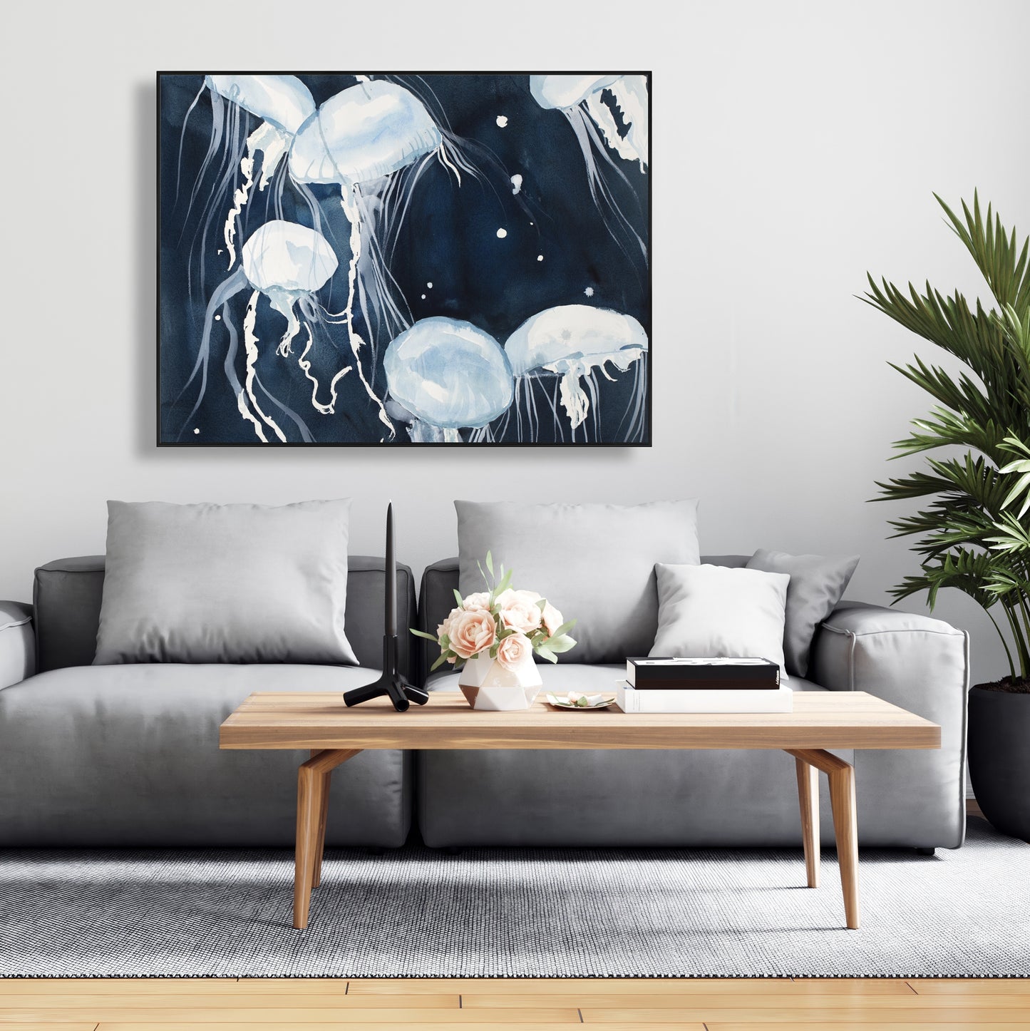 Toile décorative encadrée bleue représentant les animaux de la chambre de Méduse