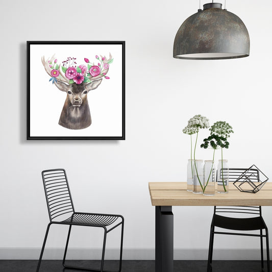 Toile « Tête de cerf avec fleurs » | Décoration animalière romantique marron
