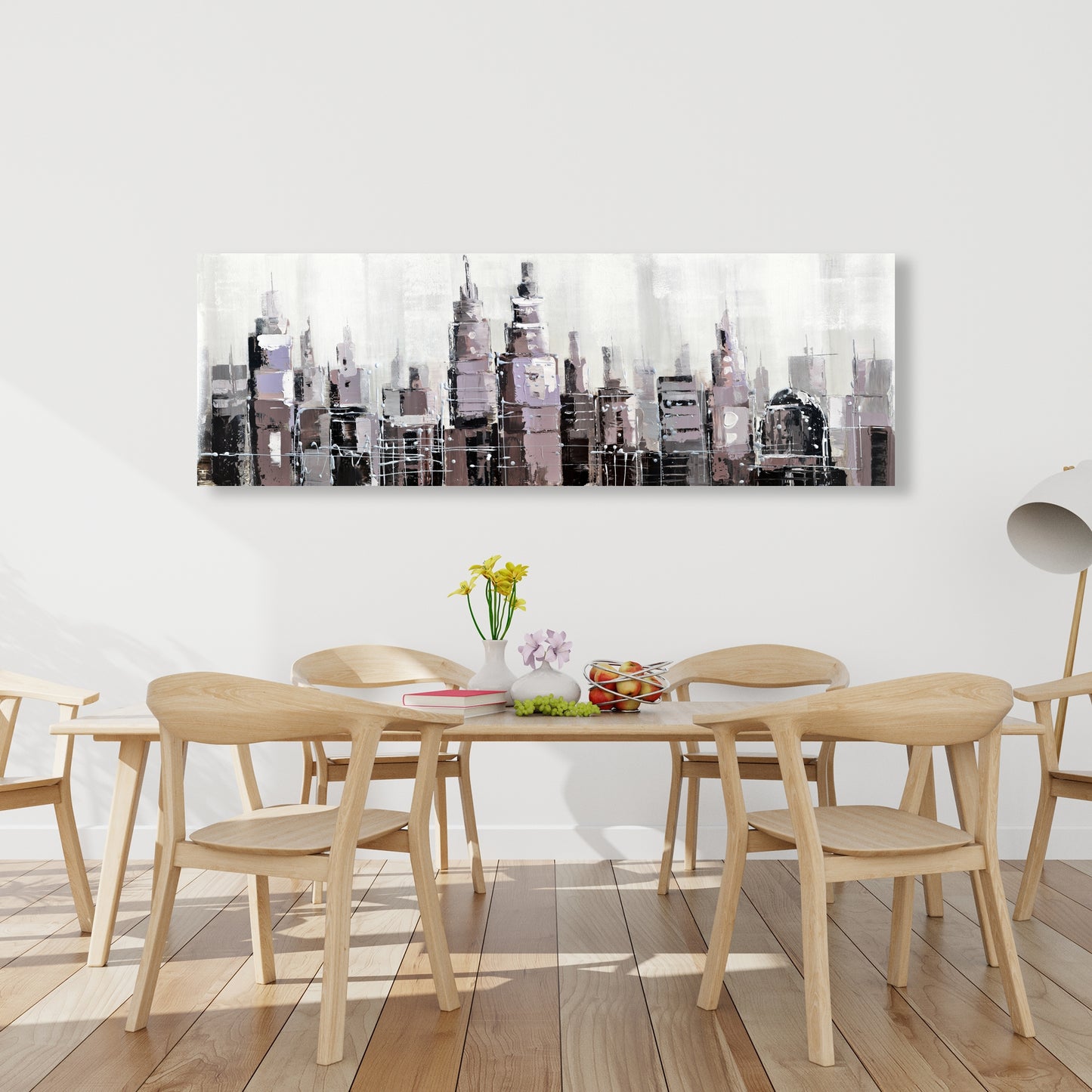 Toile abstraite représentant un paysage urbain en niveaux de gris – Décoration murale blanche pour chambre à coucher