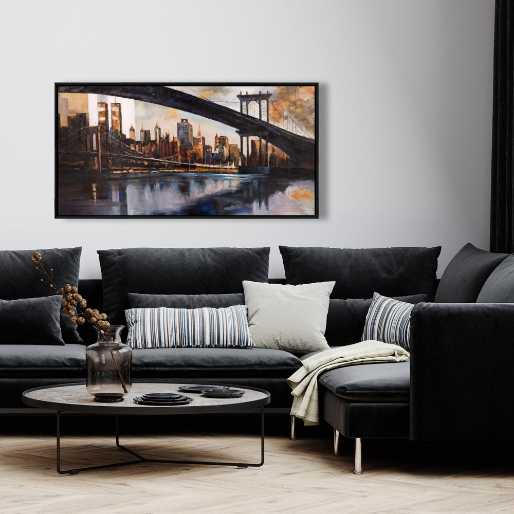 Toile « Coucher de soleil sur New York » | Cadre marron industriel