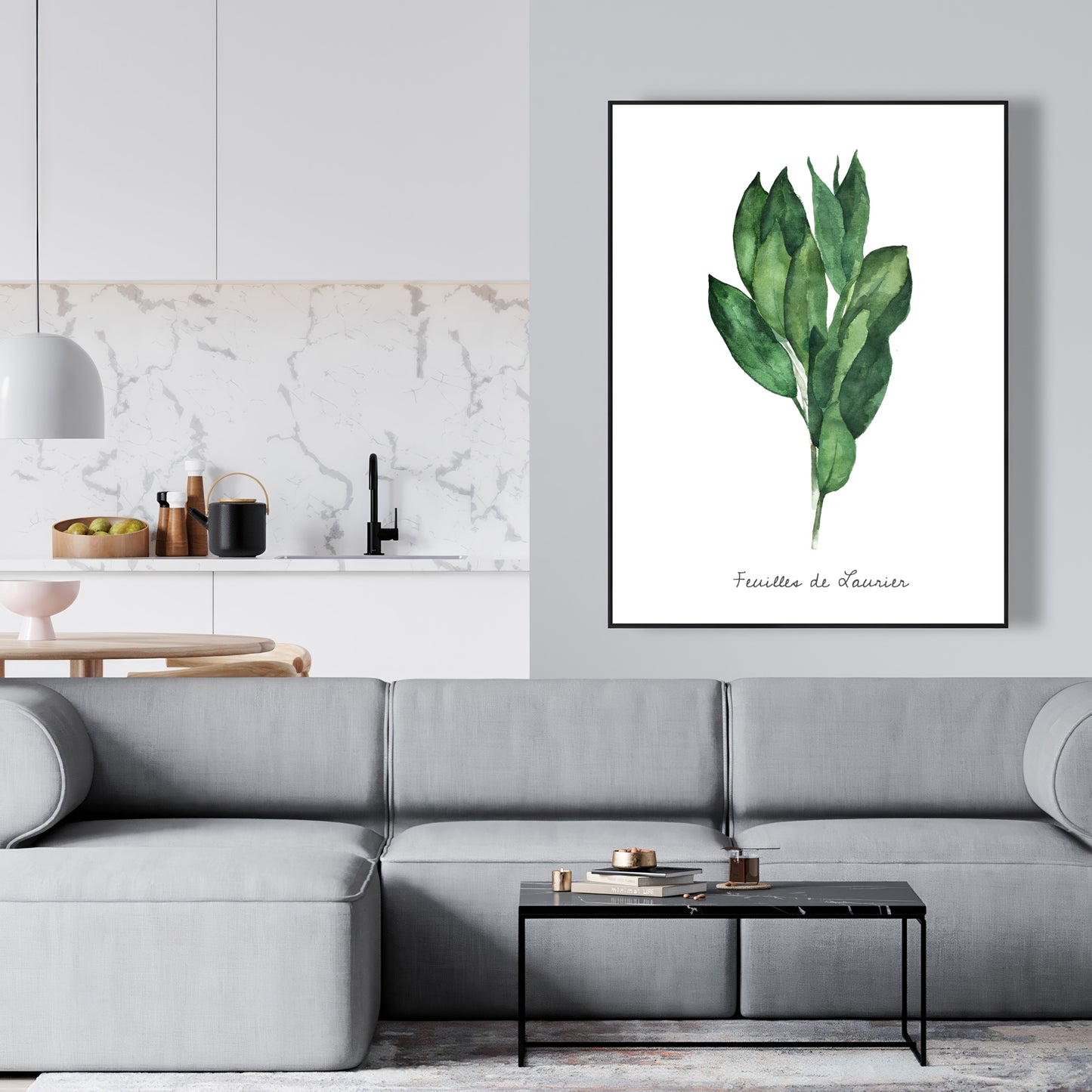 Toile encadrée « Feuilles de laurier » | Décoration de cuisine illustrative blanche
