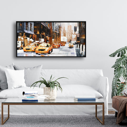 Building Brown Cities Canvas | Big City Street with Yellow Taxi