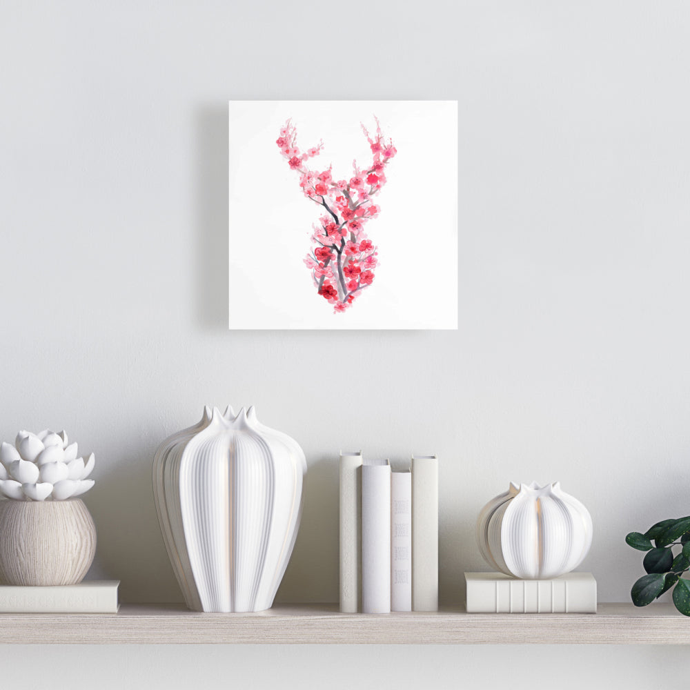 Toile de cerf rose asiatique – Décoration murale avec cerf et cerisiers en fleurs