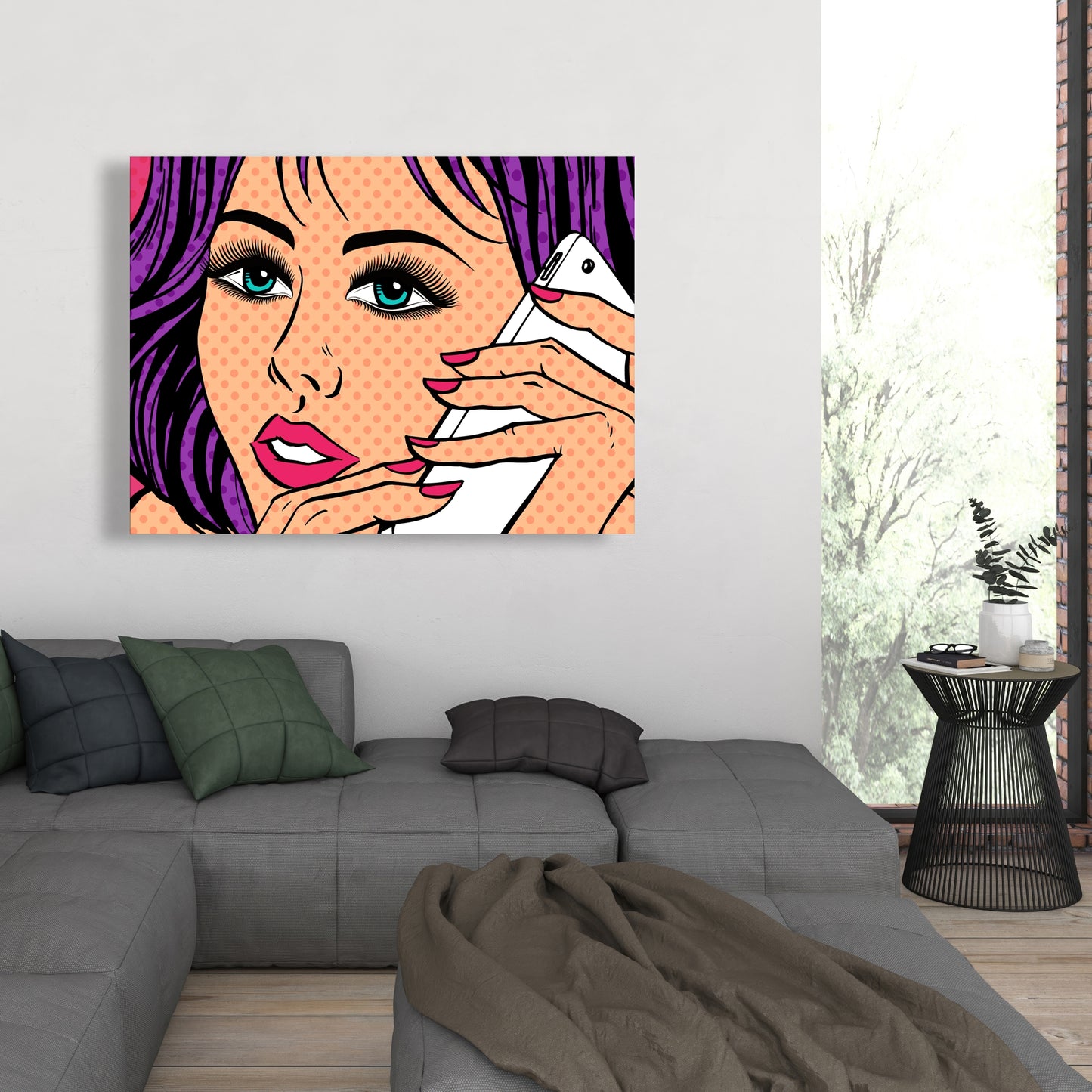 Retro Purple Bedroom Canvas | Pop Art Lady on Phone Decor