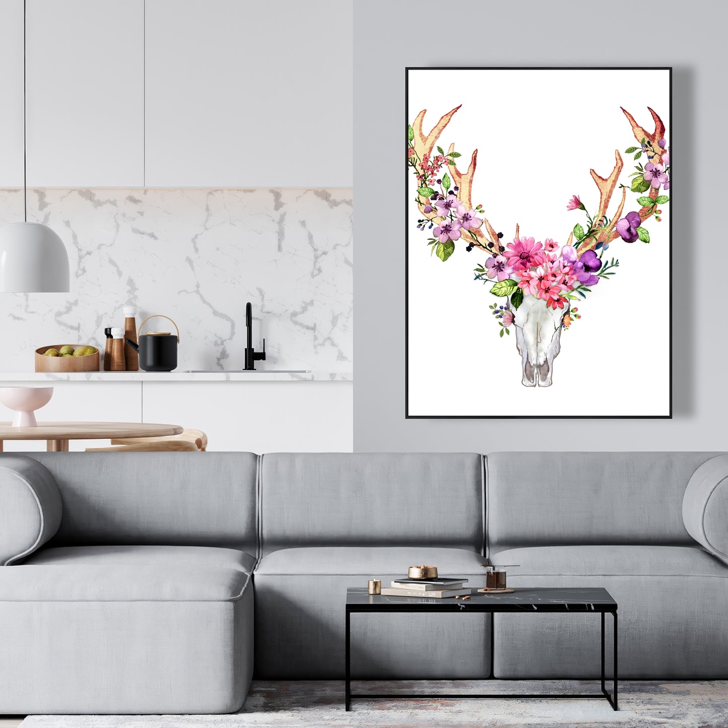 Toile « Crâne de cerf avec fleurs » | Décoration d'intérieur avec cadre blanc