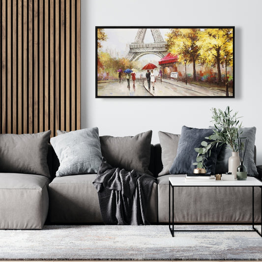 Toile encadrée Arbres jaunes – Décor de passants près de la Tour Eiffel