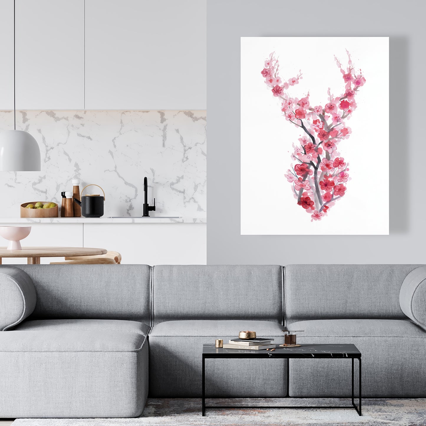 Toile de cerf rose asiatique – Décoration murale avec cerf et cerisiers en fleurs