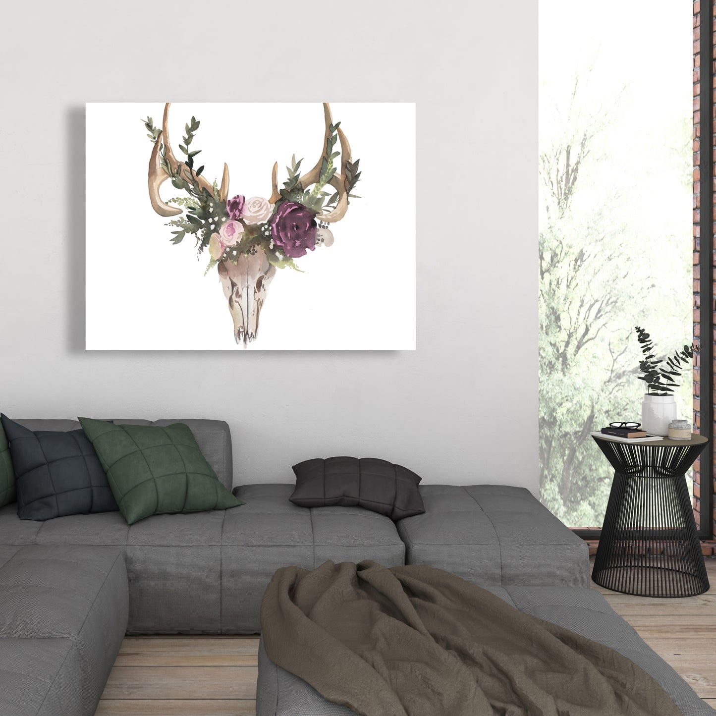 Rustic Deer Skull with Flowers Canvas - Animal Bedroom Decor