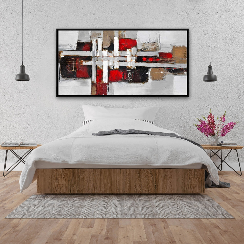 Toile aux formes abstraites grises – Décoration d'intérieur aux accents rouges