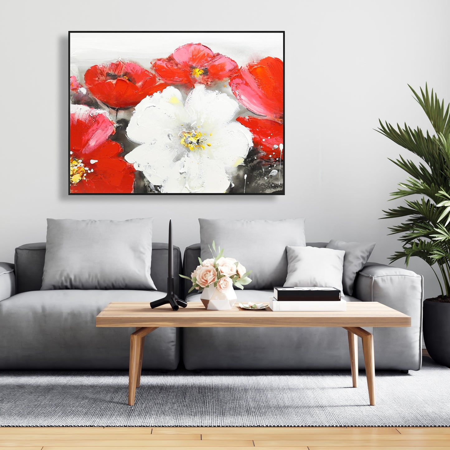 White Contemporary Framed Canvas | Red and White Flowers Field
