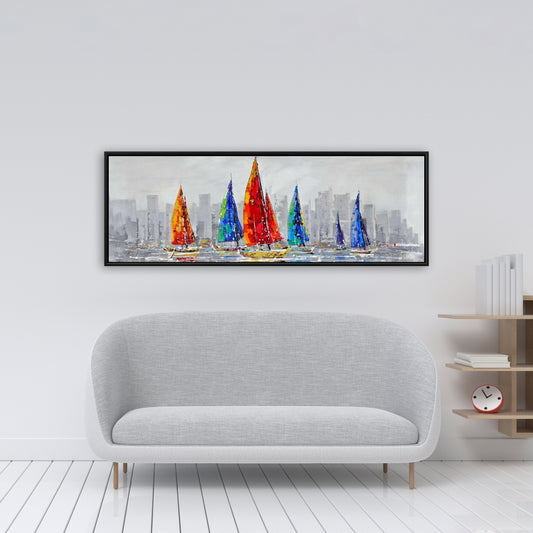 Toile Bateaux colorés | Décoration contemporaine avec cadre bleu
