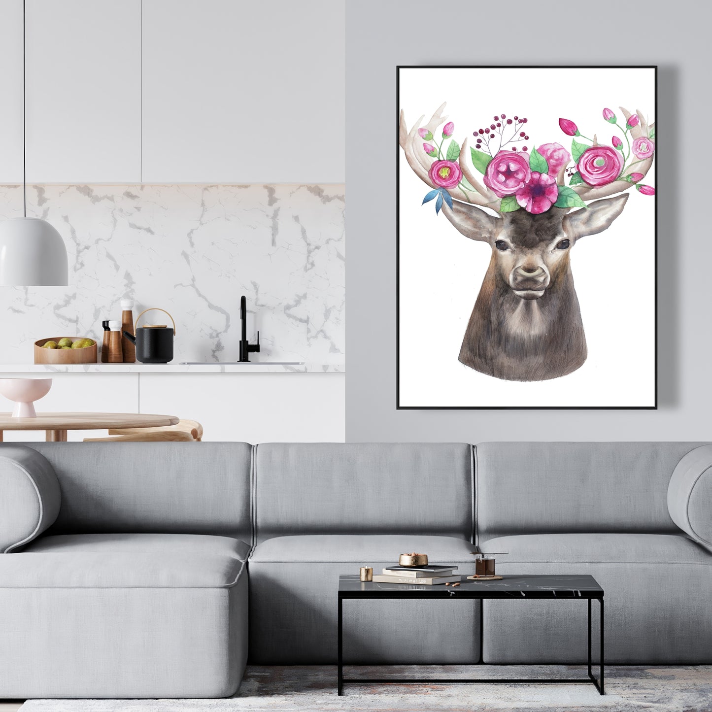 Toile « Tête de cerf avec fleurs » | Décoration animalière romantique marron