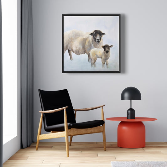 Toile Mouton et bébé | Art animalier de la ferme bleue | Décoration d'intérieur