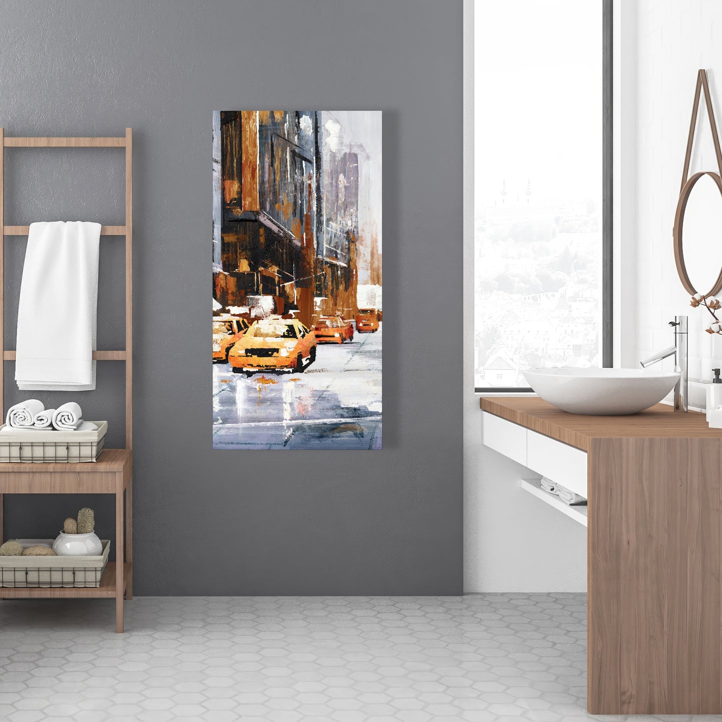Big City Street Canvas with Yellow Taxi - Brown Bedroom Decor
