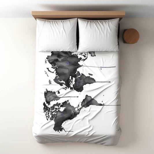Watercolor World Map Duvet Cover - Earth & Galaxy Bedroom Decor